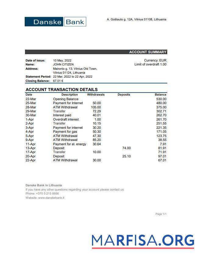 Blank Lithuania Danske bank statement word download for verification